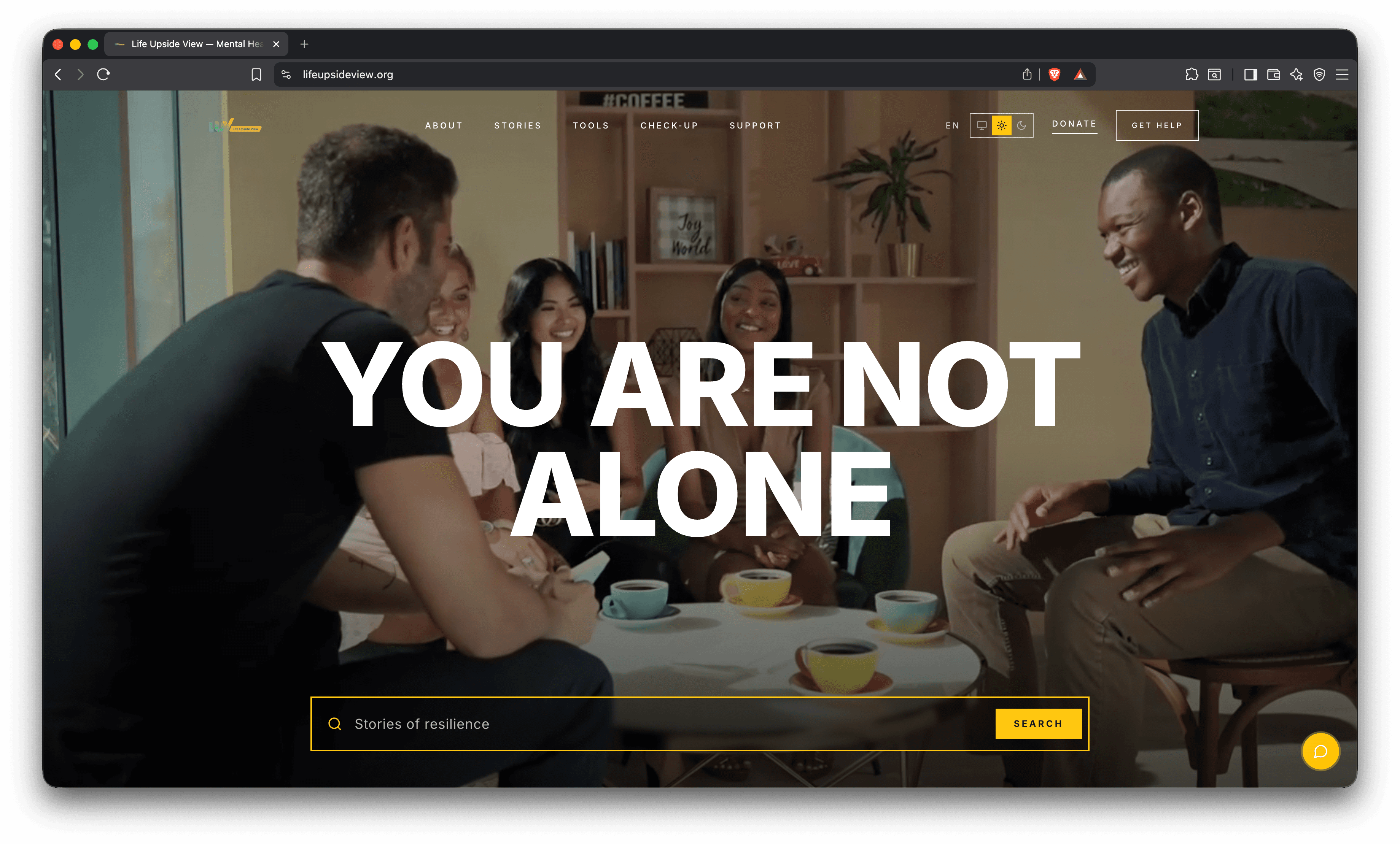 Life Upside View mental-health platform by Greyform, showing the “You are not alone” homepage